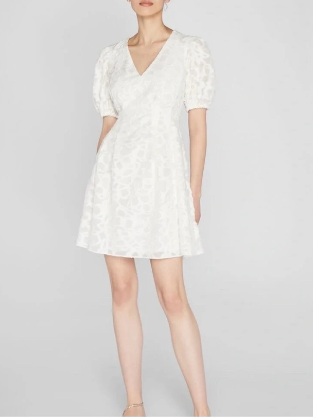Club Monaco White V-Neck Puff Sleeve Mini Dress